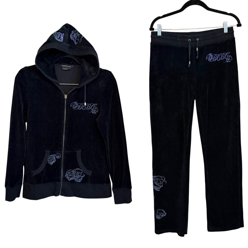 BCBGMAXAZRIA Velour Tracksuit Medium Black Y2K 2000s McBling Hooded Gothic Comfy